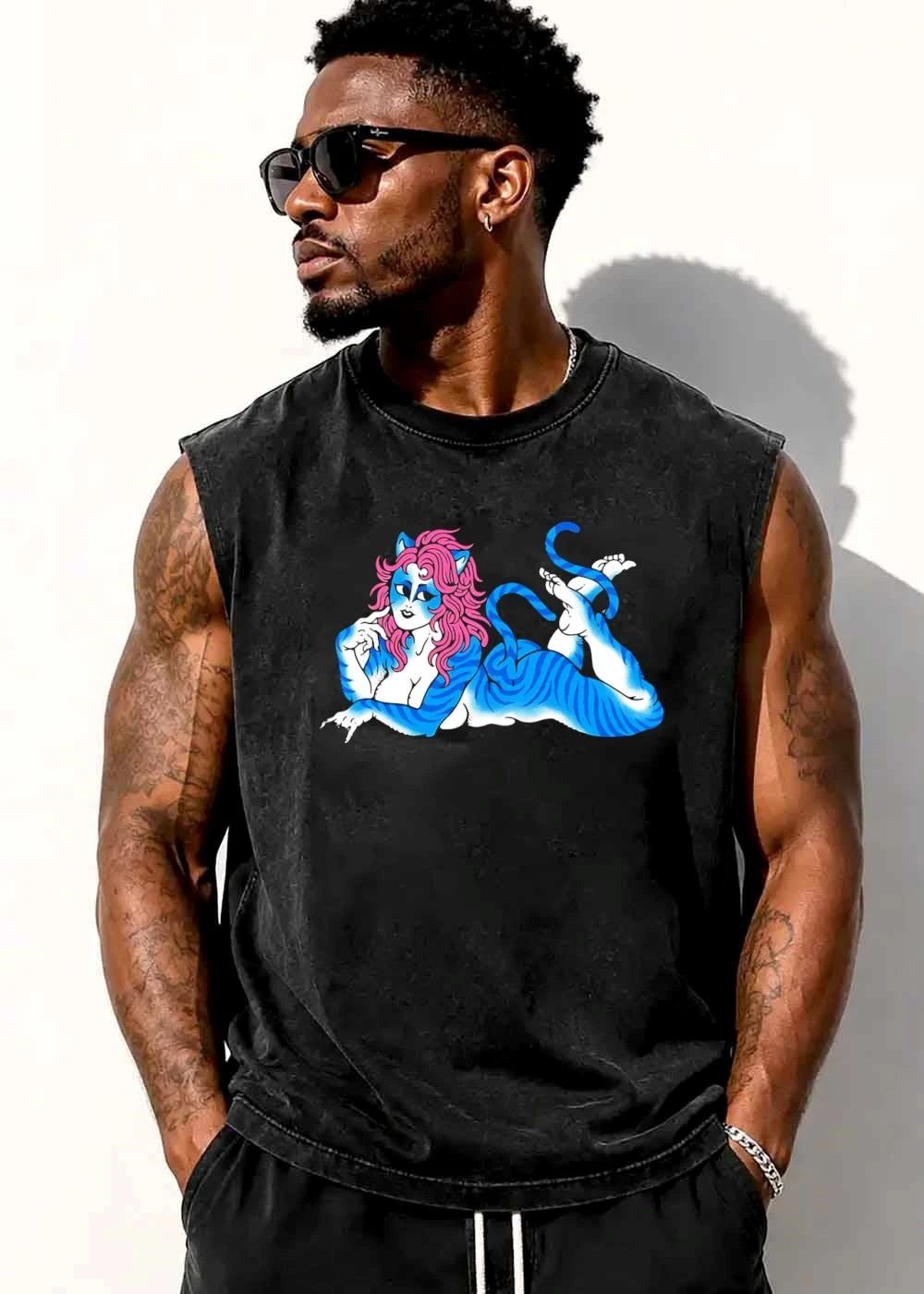 Cartoon Blue Tiger Striped Pinup Woman Pink Hair Lying Down shirt