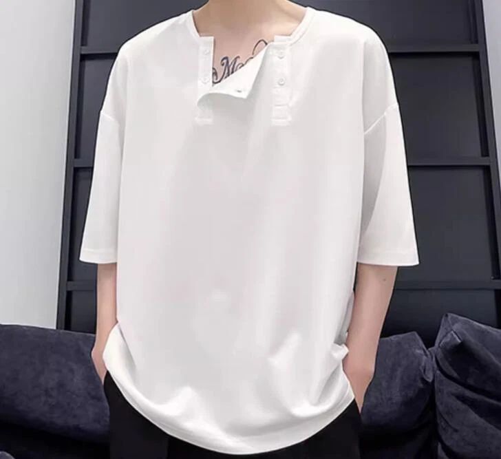 men's personality Buttoned design round neck Simple Korean Summer short sleeves