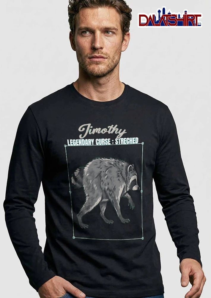 Timothy Legendary Curse Streched Cartoon Raccoon Walking Black Background shirt