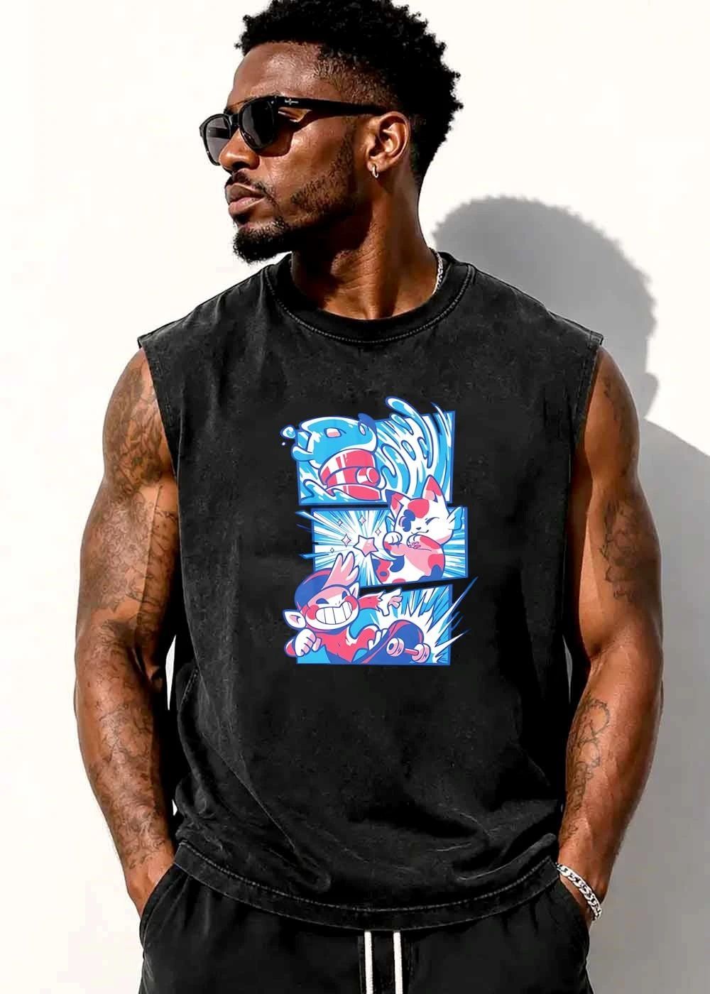 Cartoon Comic Book Panels Water Wave Calico Cat Skateboarding Monkey shirt