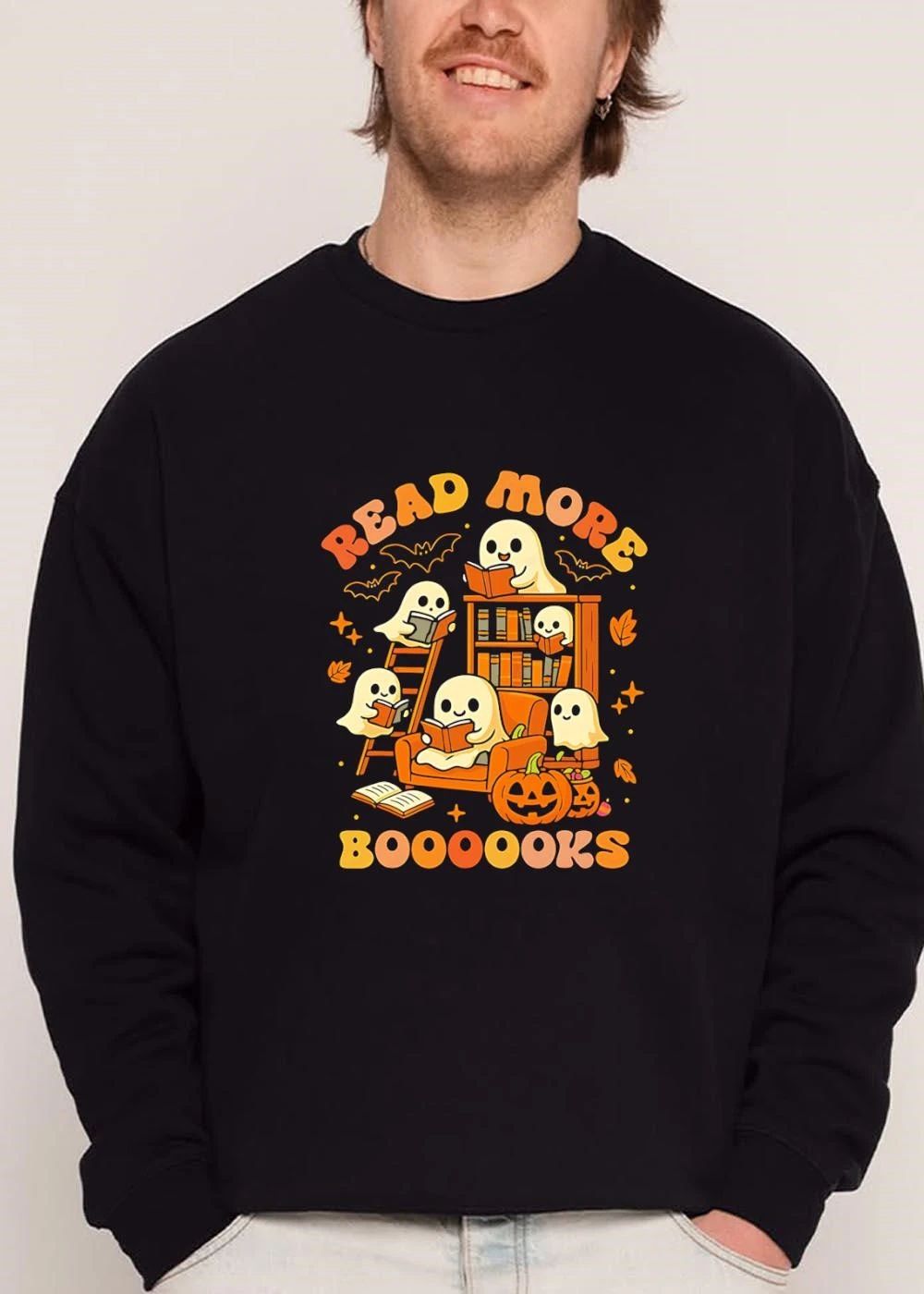 Read More Booooooks Cartoon Ghosts Reading Armchair Bookshelf Pumpkin shirt