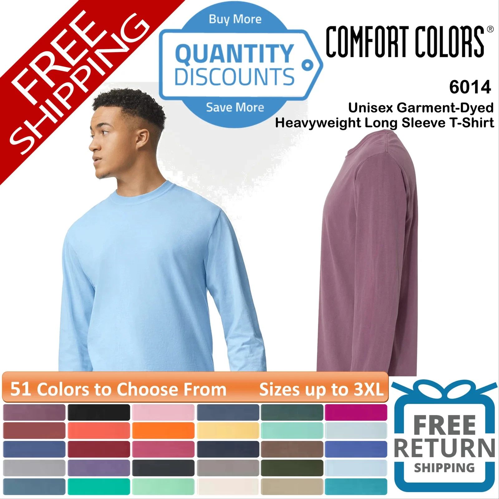 🔥 Comfort Colors Garment-Dyed Heavyweight Long Sleeve T-Shirt Up To 3XL 6014 a