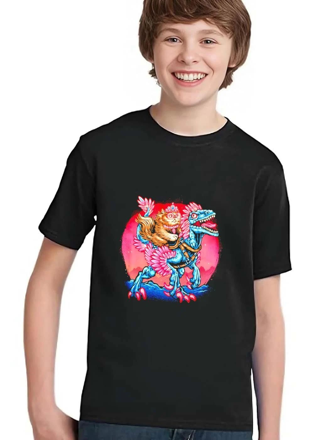 Cartoon Fluffy Cat Wearing Tiara Riding Feathered Velociraptor shirt