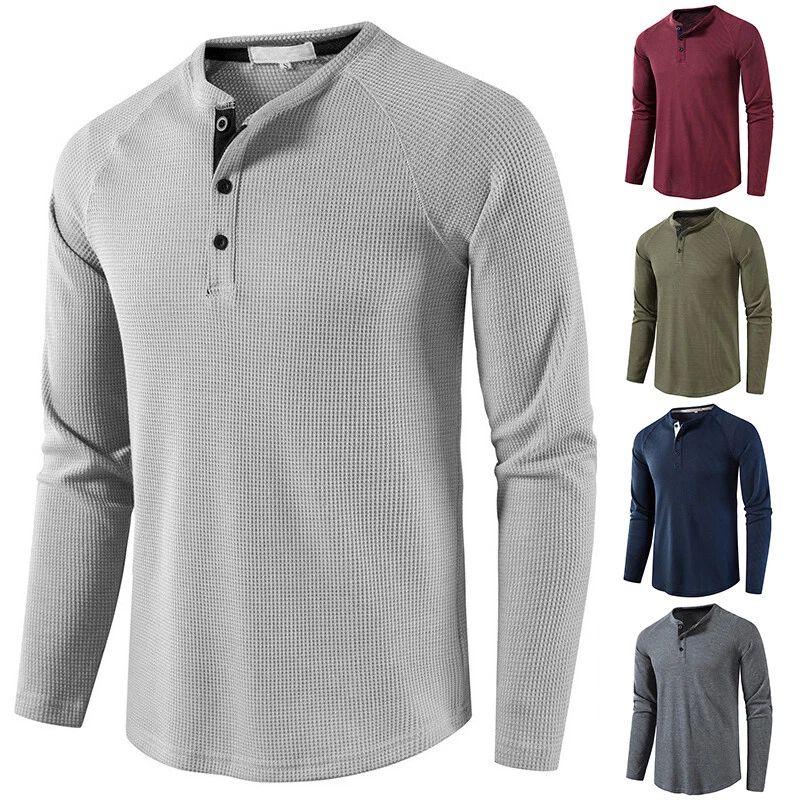 Mens Long Sleeve Henley T-shirt Casual Solid Slim Fit Button Pullover Tops Tunic
