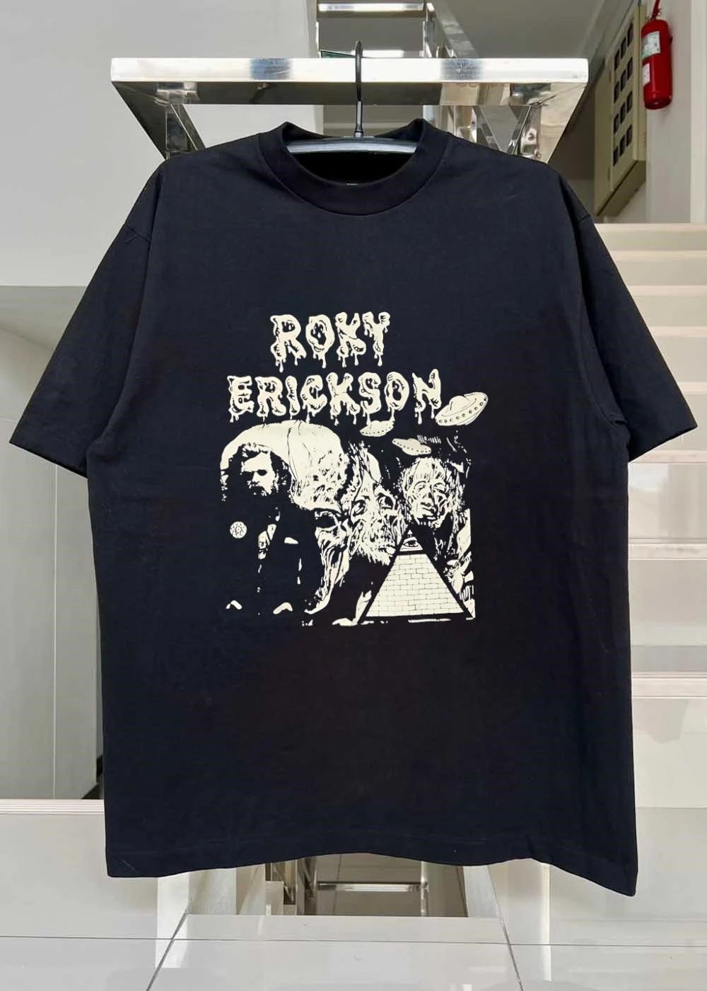 Psychedelic Rock Icon Roxy Erickson Dripping Font UFO Pyramid Black T-Shirt