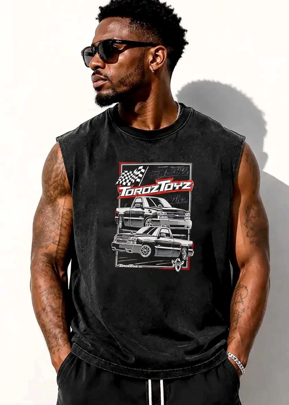 Toroztoyz Two Black Chevy Pickup Trucks Checkered Flag Line Art shirt