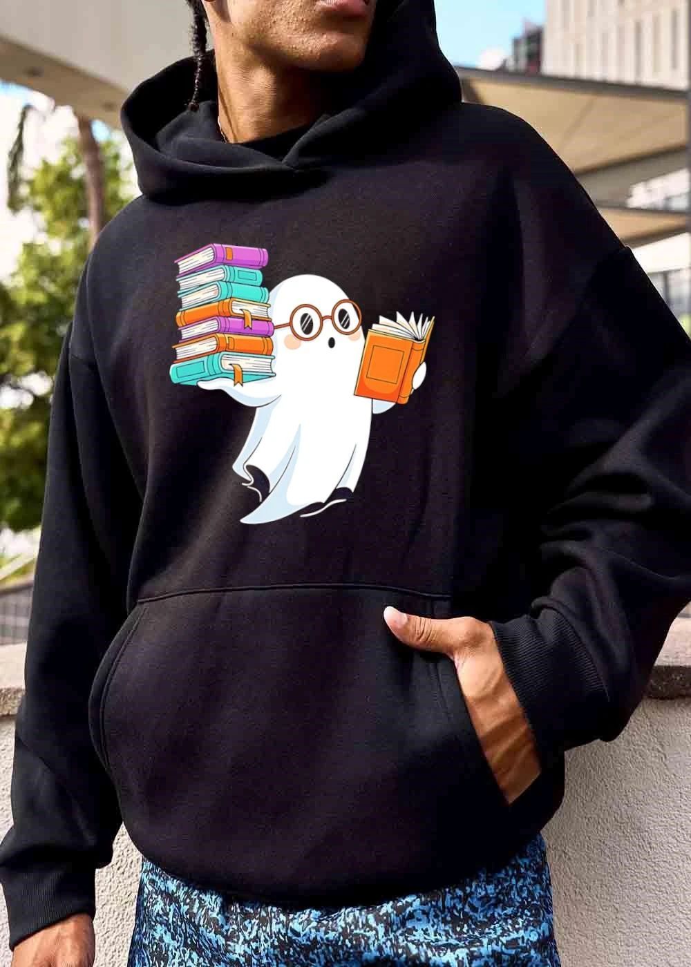 Cute Spooky Cartoon Ghost Wearing Glasses Reading Stacked Books shirt