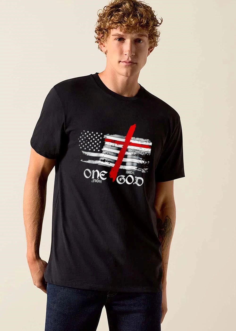 One Nation Under God Distressed American Flag Red Christian Cross shirt