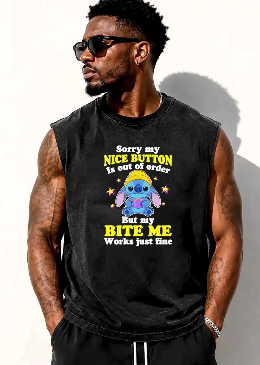 Sorry My Nice Button Is Out Of Order But Bite Me Works Just Fine Cartoon Blue Alien Beanie Purple Mug shirt