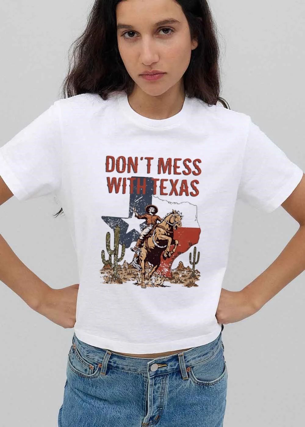 Dont Mess With Texas Cowboy Riding Rearing Horse State Map Desert Cactus Distressed Retro shirt