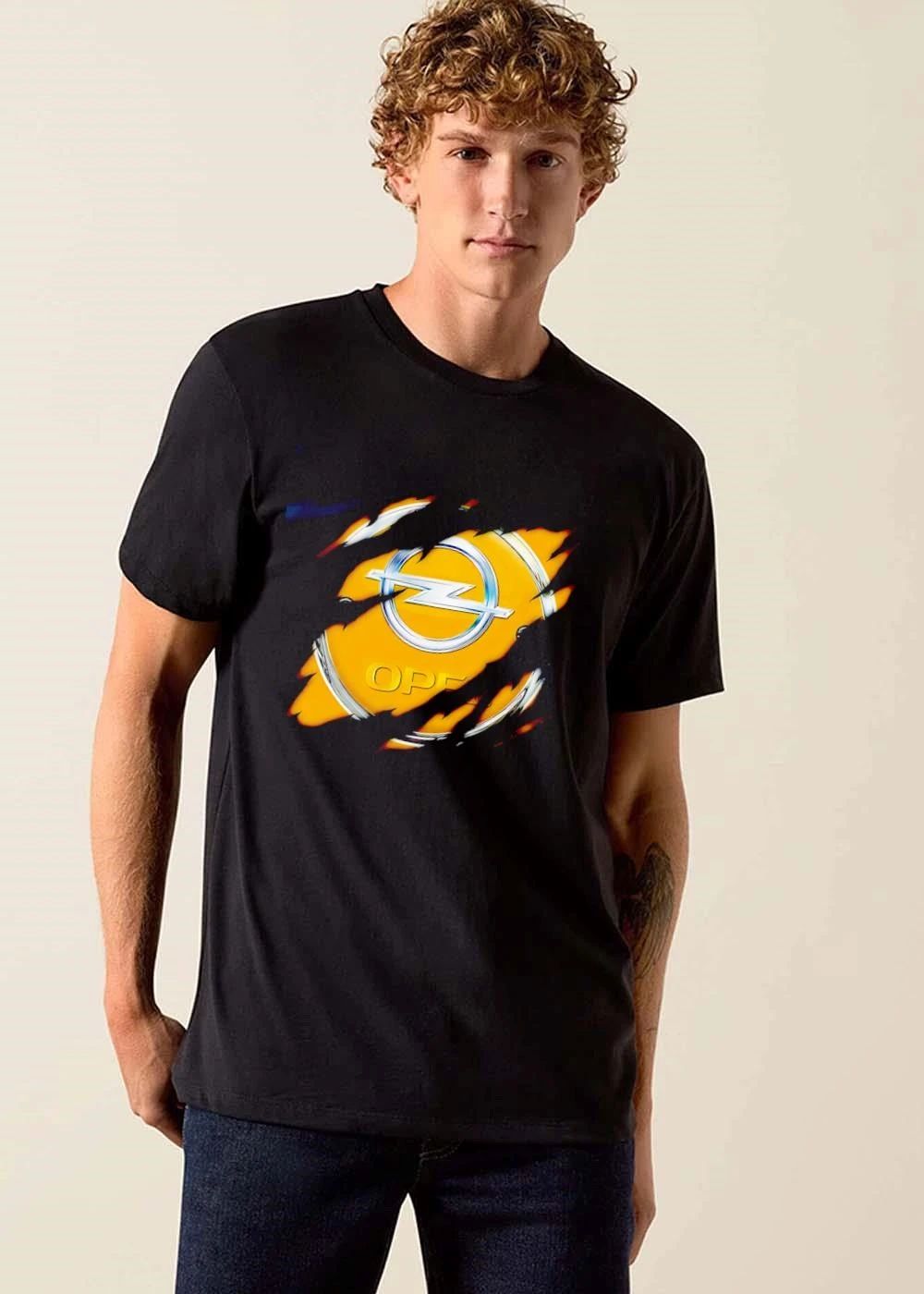 Opel Metallic Logo Silver Lightning Bolt Ripped Torn Surface Yellow Background shirt