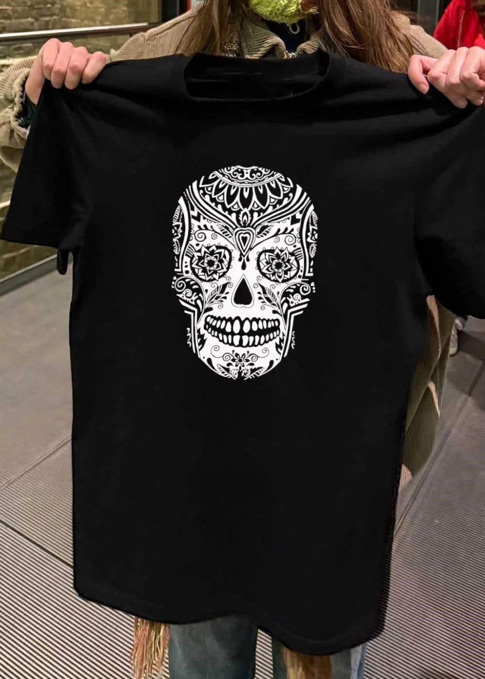 Sugar Skull Artistic Decorative Pattern Detailed Black and White Shirt