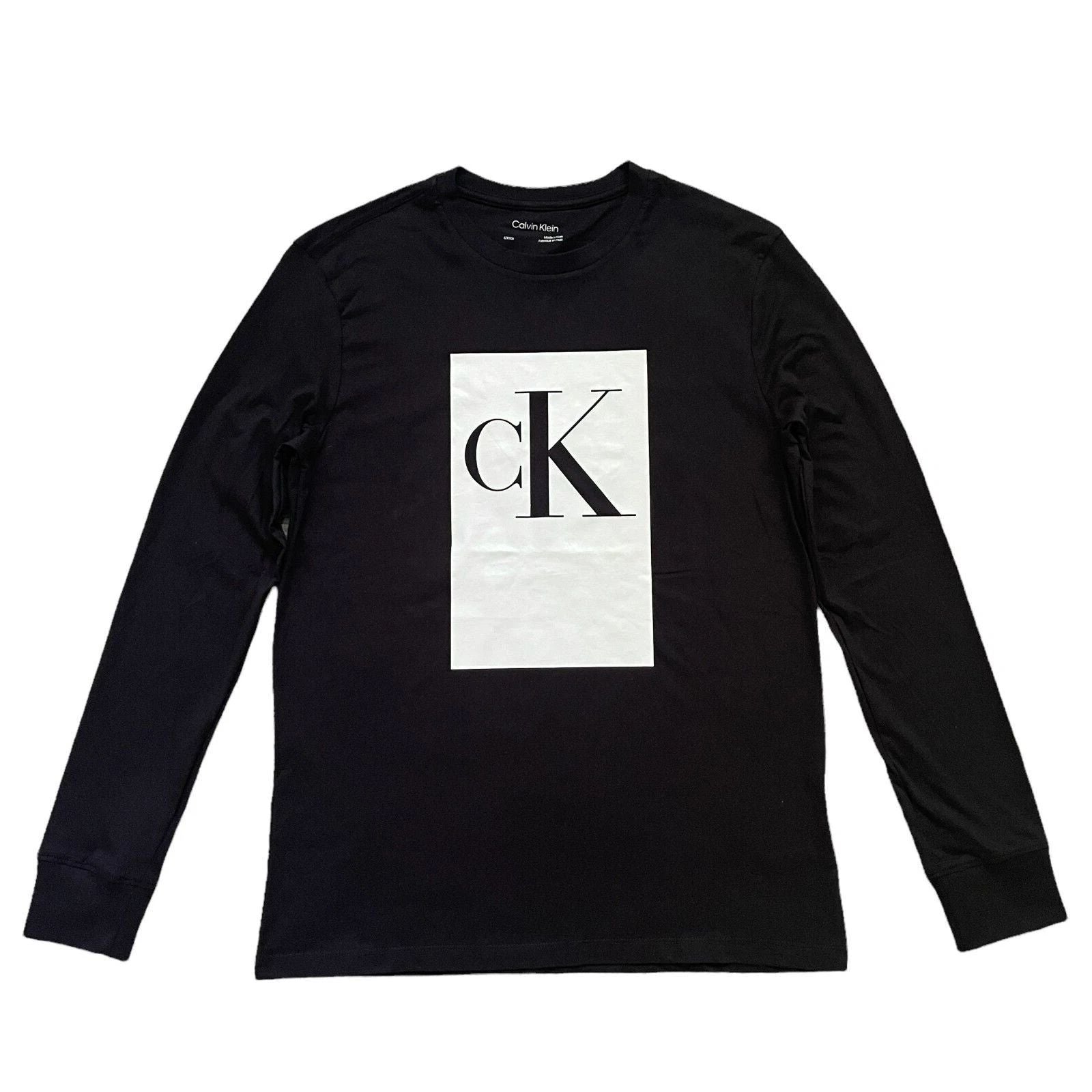 NWT Calvin Klein Mens Graphic Print Logo Long Sleeve Crew Neck T-Shirt Tee Black