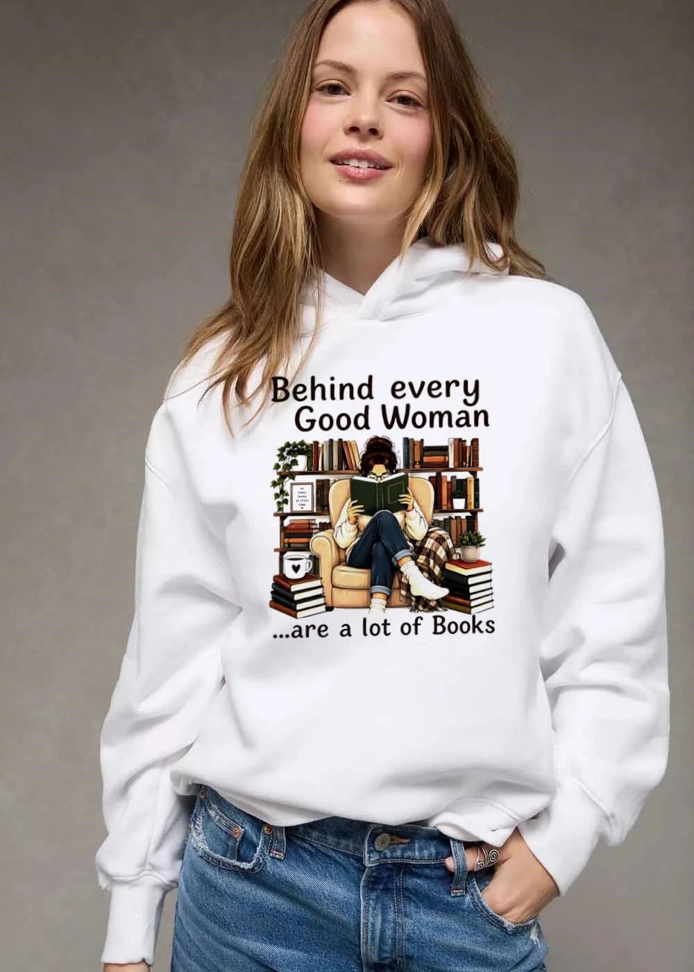 Behind Every Good Woman Are A Lot Of Books Girl Reading In Armchair Shelves Plants shirt