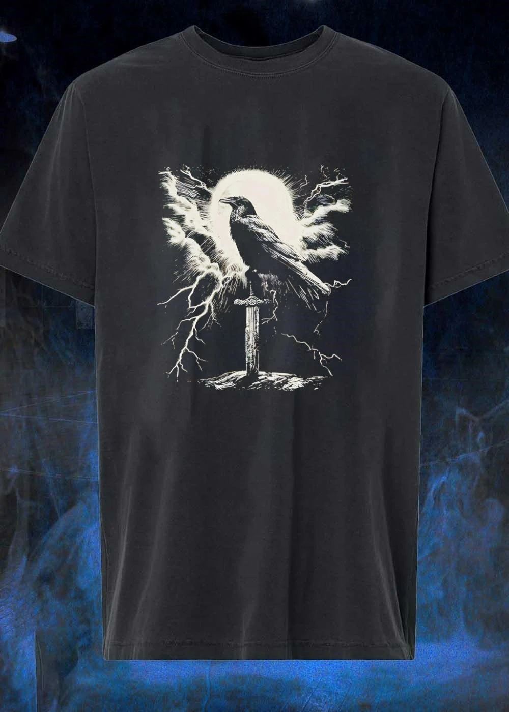 Raven Perched upon Sword under Lightning and Moon T-Shirt