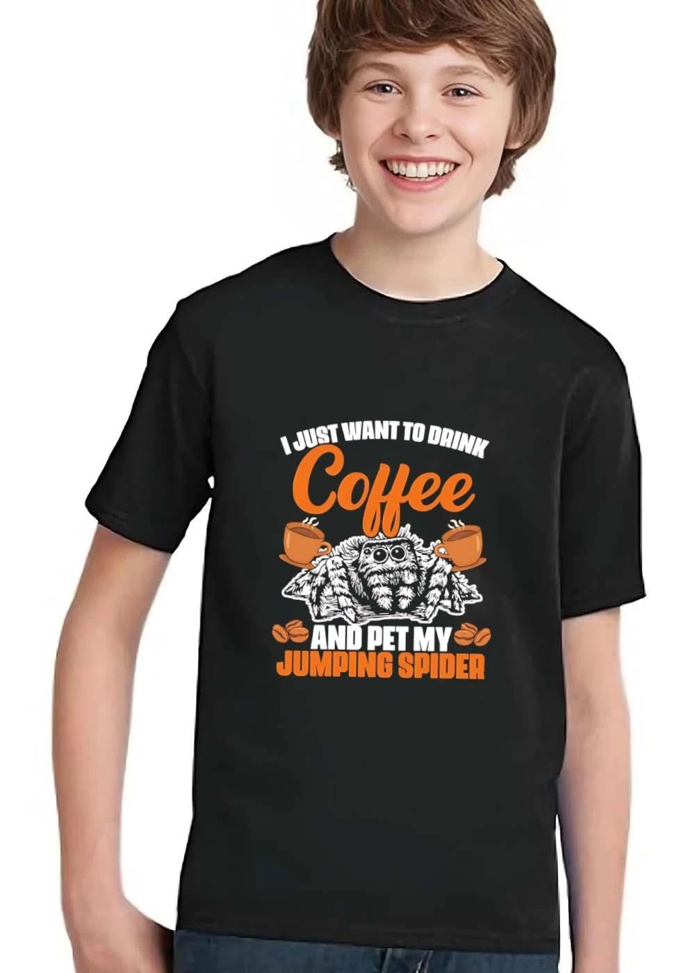 I Just Want To Drink Coffee And Pet My Jumping Spider Steaming Cups Beans Illustration shirt