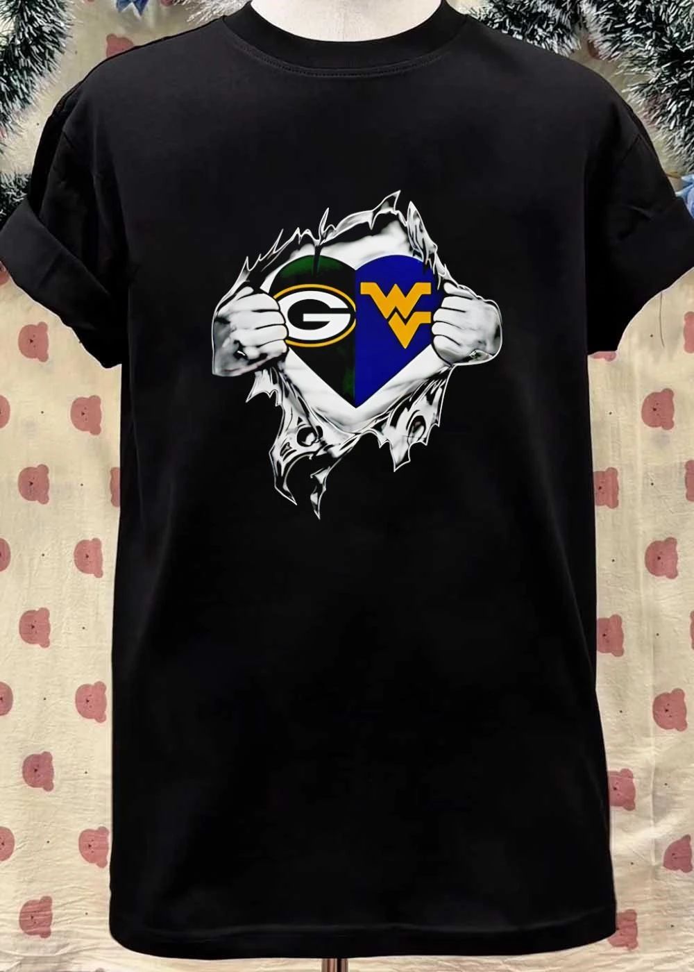 Green Bay Packers West Virginia Mountaineers Heart Ripping Chest T-Shirt