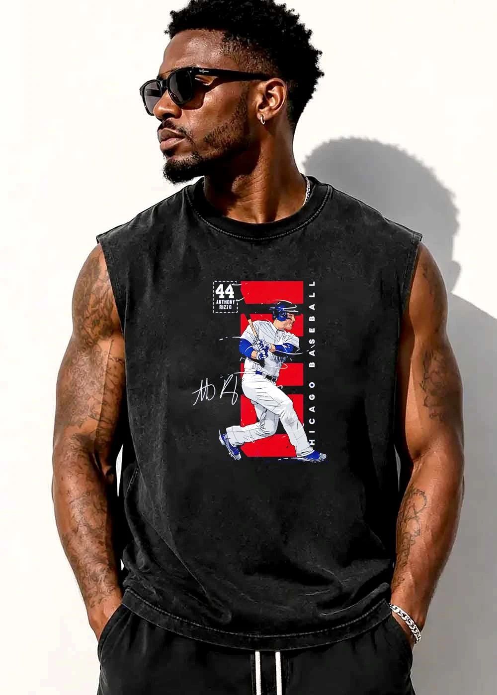 Chicago Baseball 44 Anthony Rizzo Batter Swinging Red Background Line Art shirt