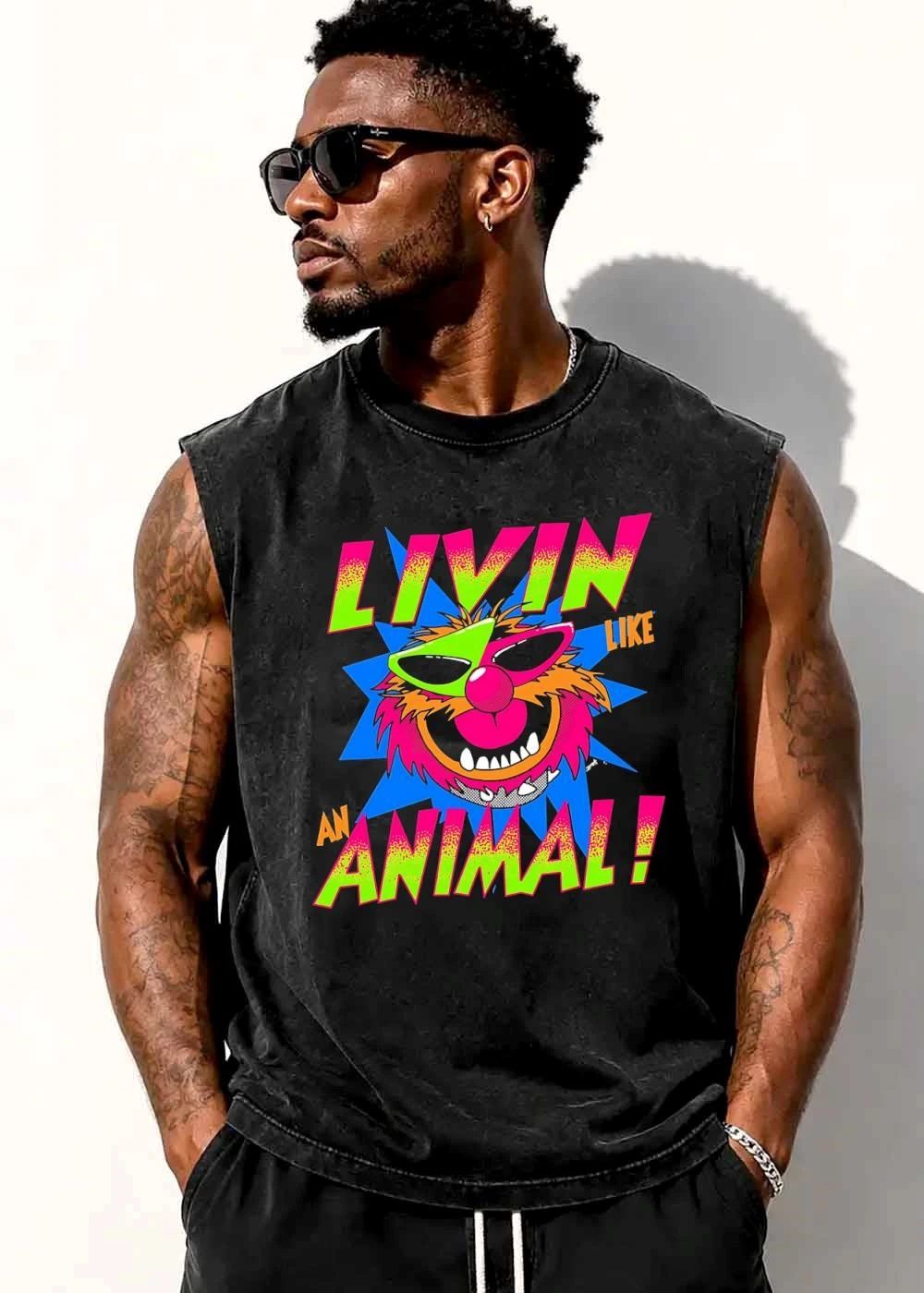 The Muppets Livin Like An Animal Neon Retro Cartoon Spiked Collar Sunglasses shirt