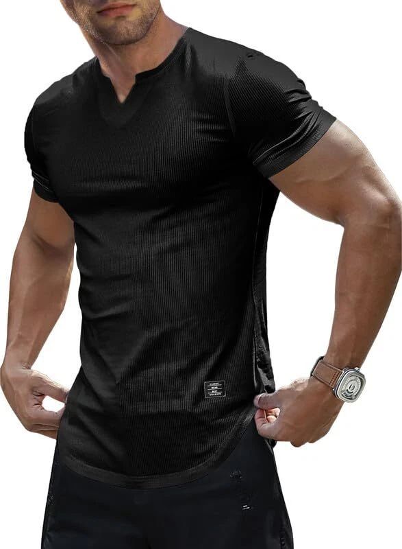 Mens Muscle Slim T Shirt V-Neck Longline Henley X-Large 1-V Neck 01 Black