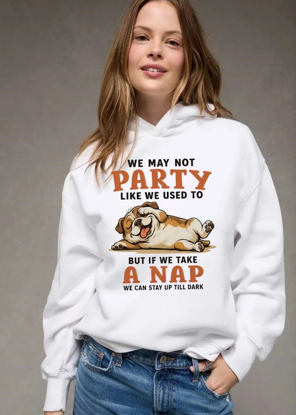 We May Not Party Like Used To But If Take A Nap Can Stay Up Till Dark Cartoon Bulldog Lying Down shirt