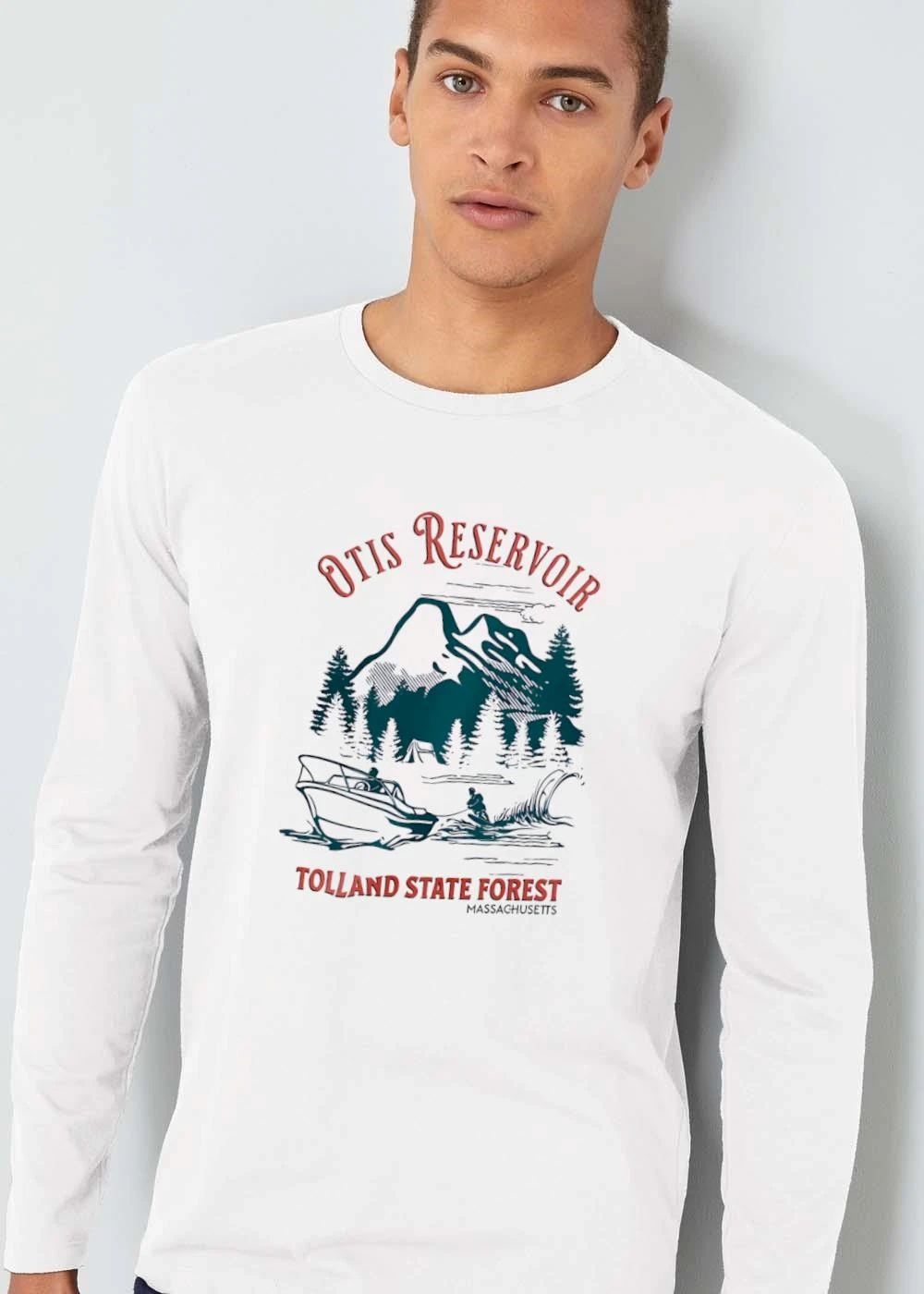 Otis Reservoir Tolland State Forest Massachusetts Mountains Tent Motorboat Waterskier Line Art shirt