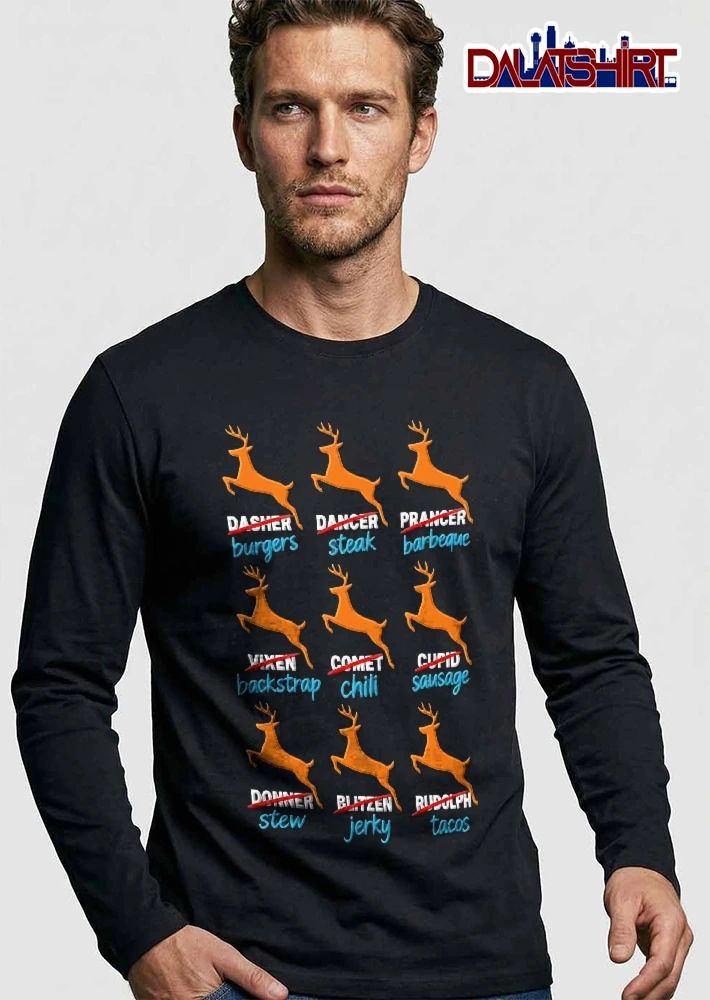 Dasher Burgers Dancer Steak Prancer Barbeque Nine Orange Reindeer Silhouettes Grid shirt