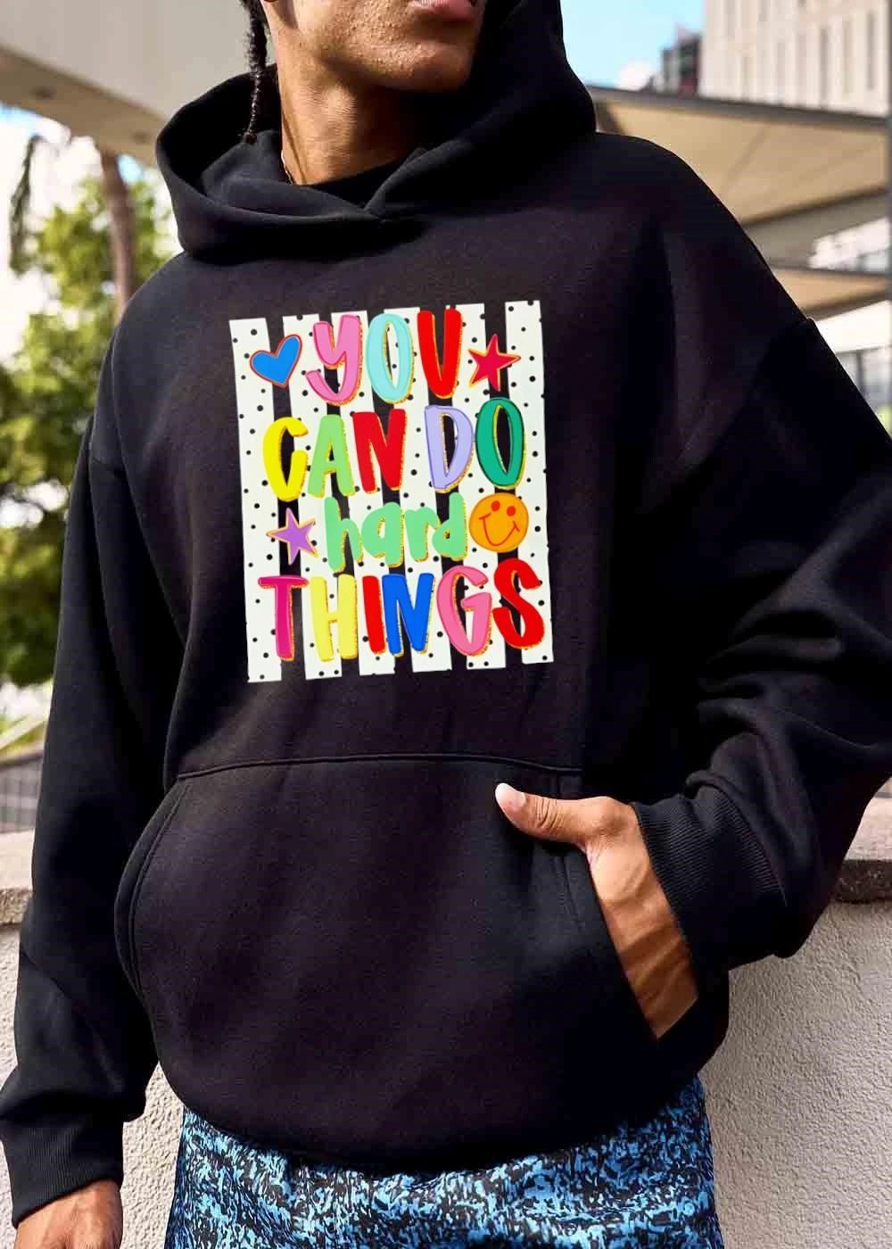 You Can Do Hard Things Colorful 3d Bubble Letters Striped Polka Dot Background Stars Smiley Face shirt