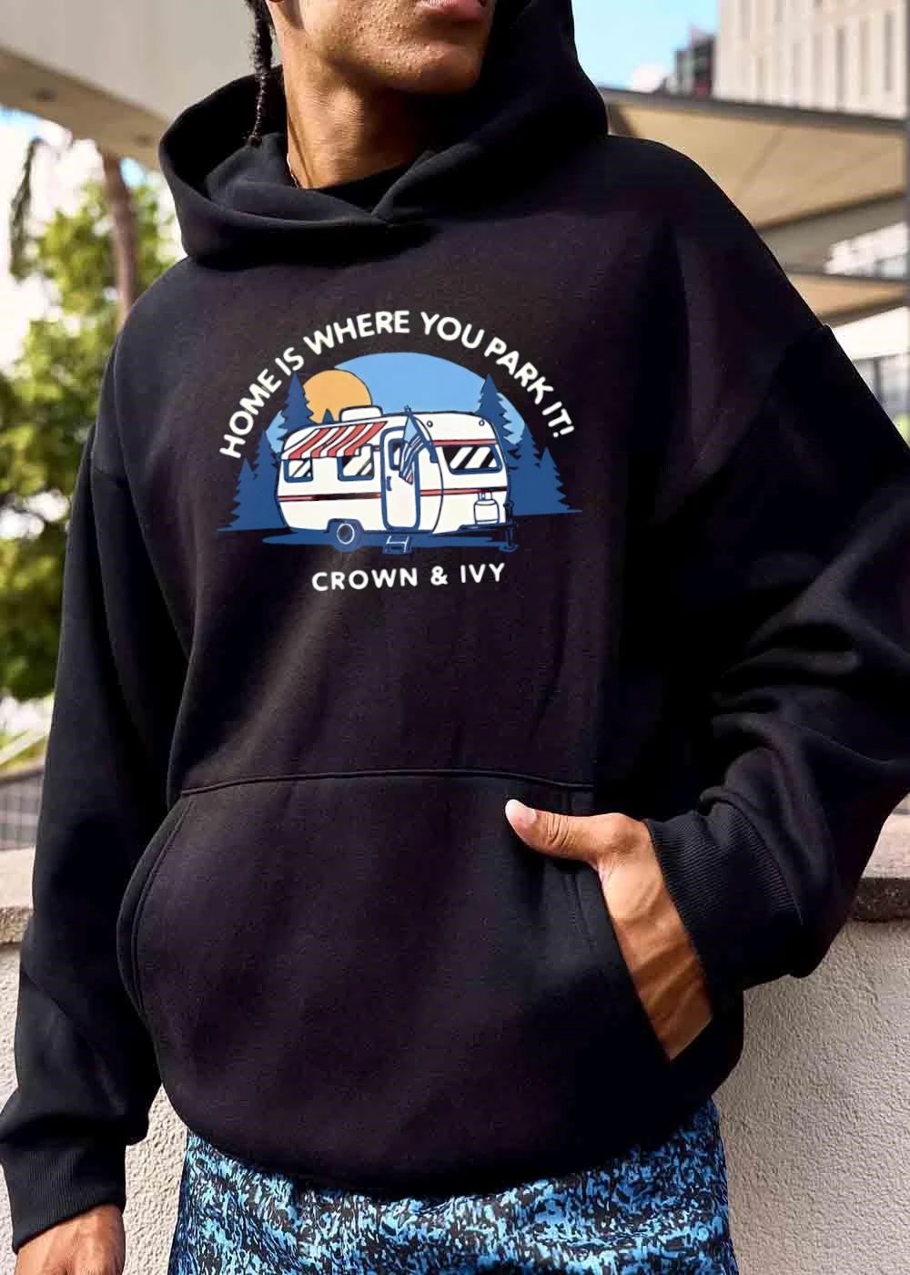 Crown And Ivy Home Is Where You Park It Travel Trailer Sun Pine Trees Cartoon shirt