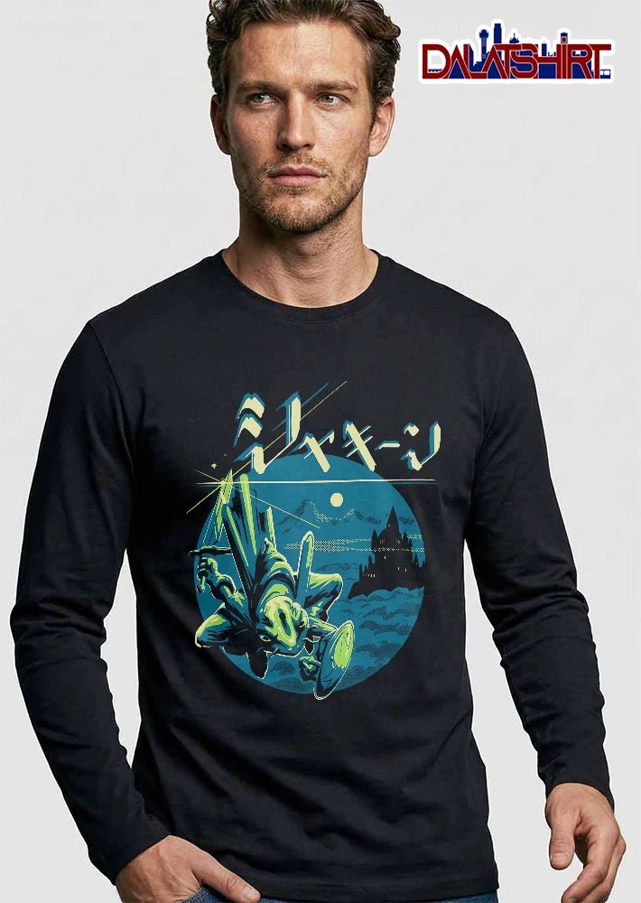 Japanese Katakana Text Leaping Frog Knight Holding Sword Shield Castle Moon Circle Halftone shirt