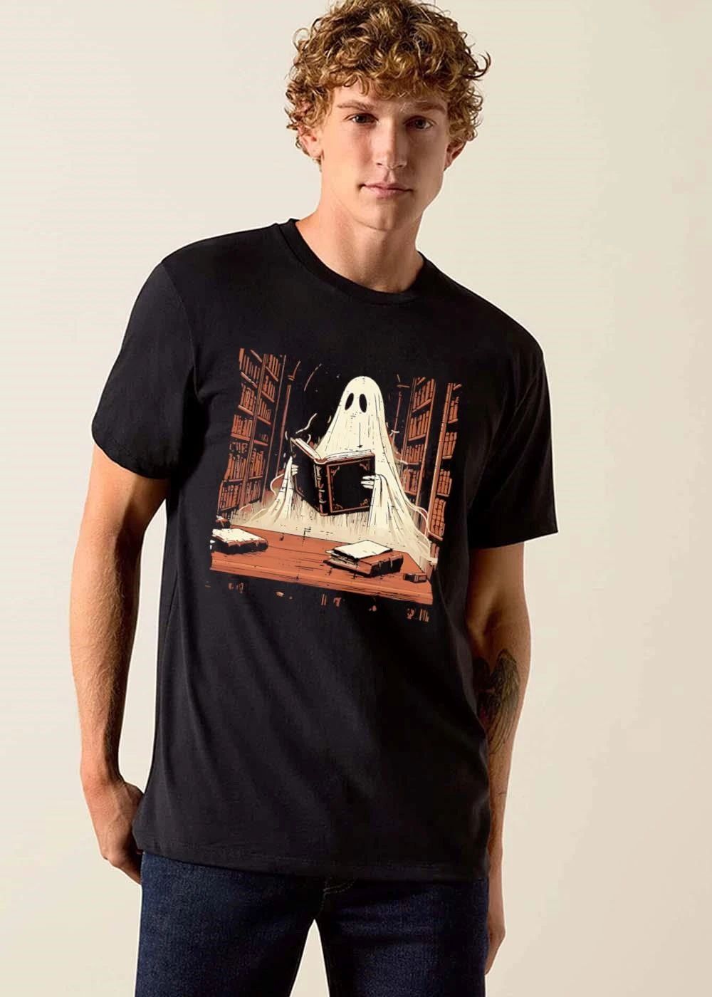 Ghost Reading Open Book Spooky Dark Library Bookshelves Cartoon shirt