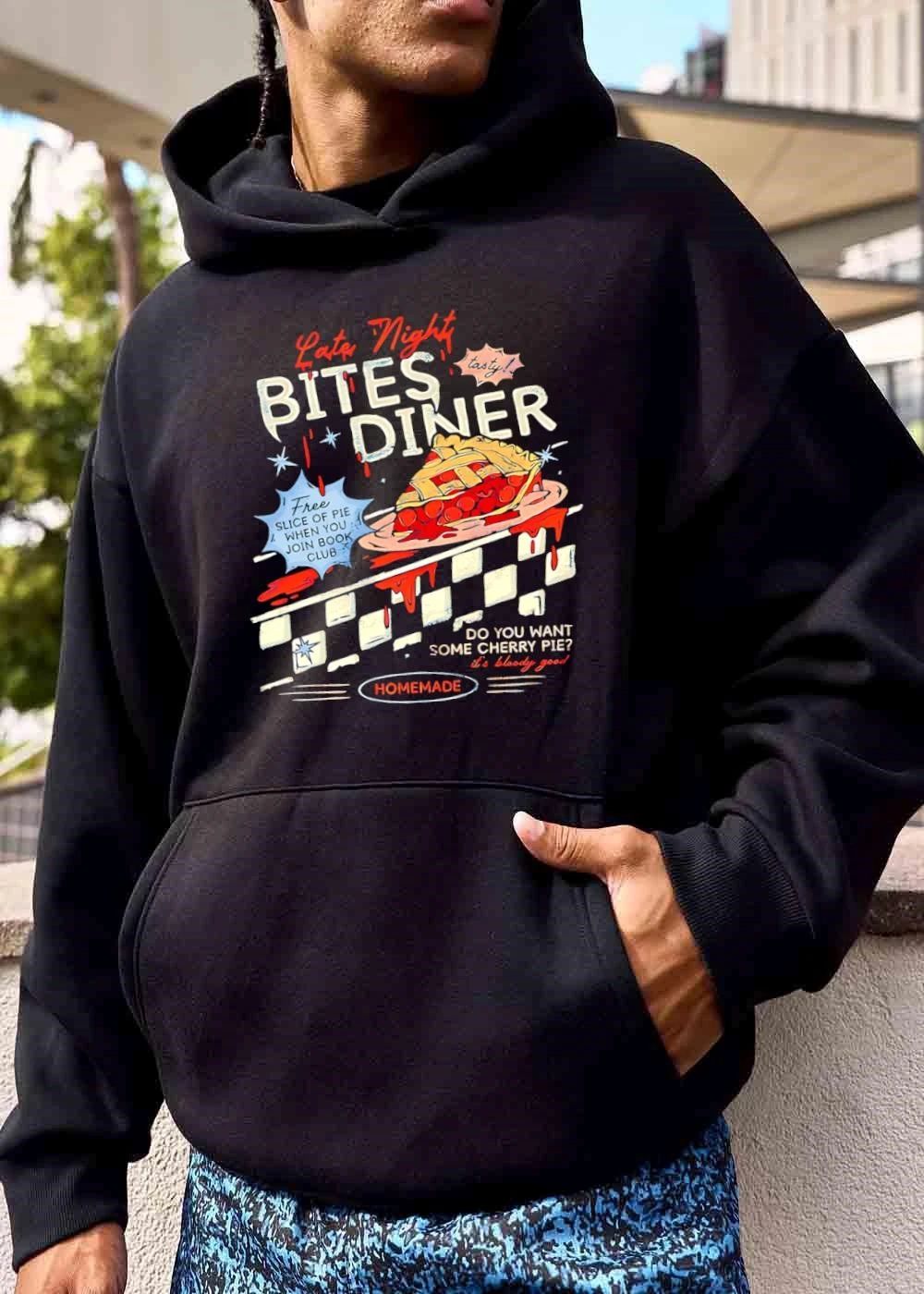 Late Night Bites Diner Do You Want Some Cherry Pie Its Bloody Good Homemade Dripping Red Slice Checkered Pattern shirt