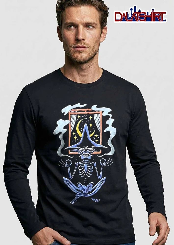 Cartoon Blue Skeleton Wizard Wearing Sunglasses Meditating Lotus Pose Night Window Crescent Moon Smoke shirt