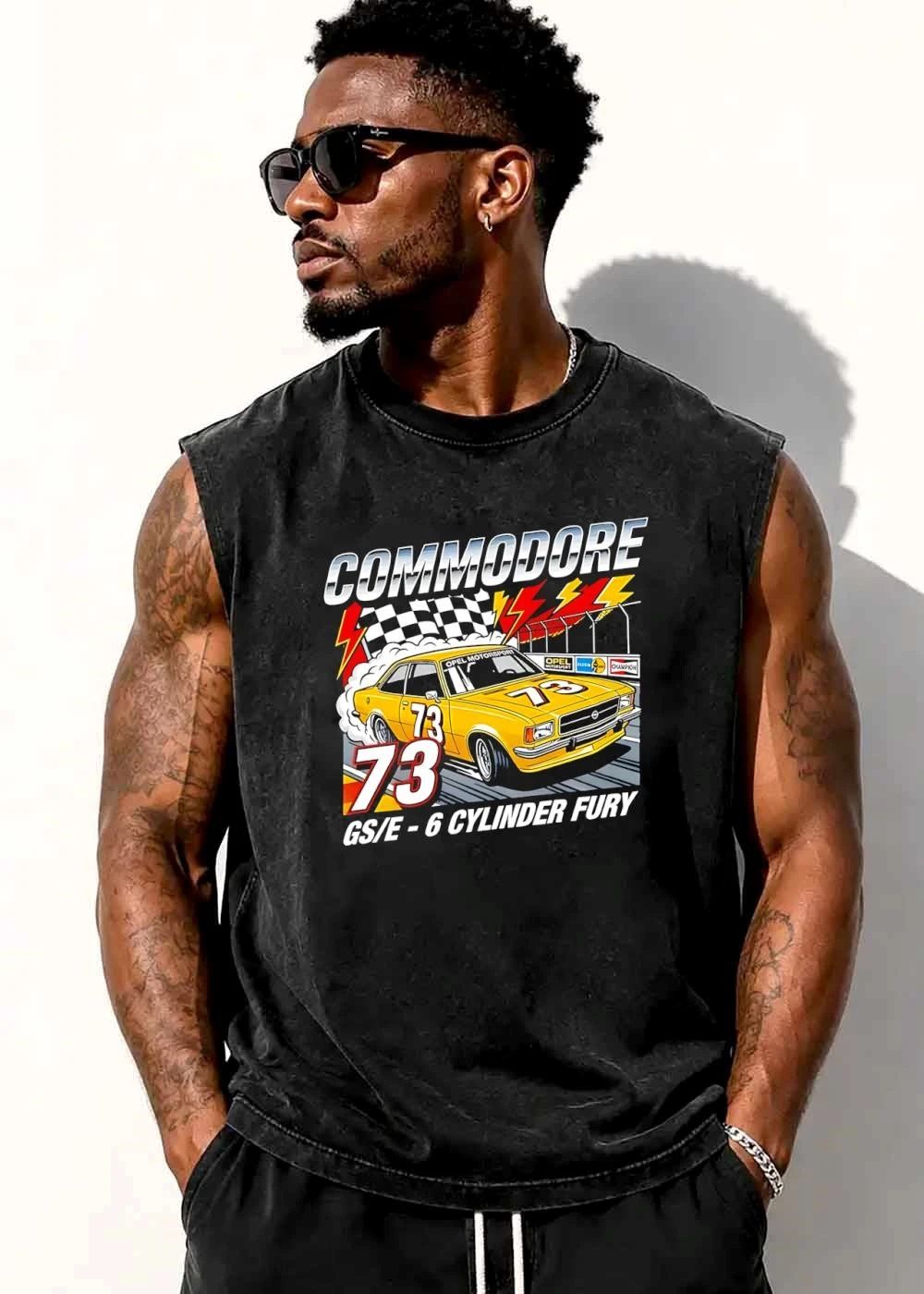 Opel Commodore Gs E 6 Cylinder Fury 73 Yellow Race Car Drifting Checkered Flag Retro Illustration shirt