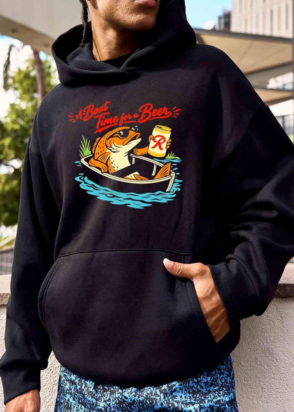 A Boat Time For Beer Cartoon Trout Sunglasses Rowboat Drink Can shirt