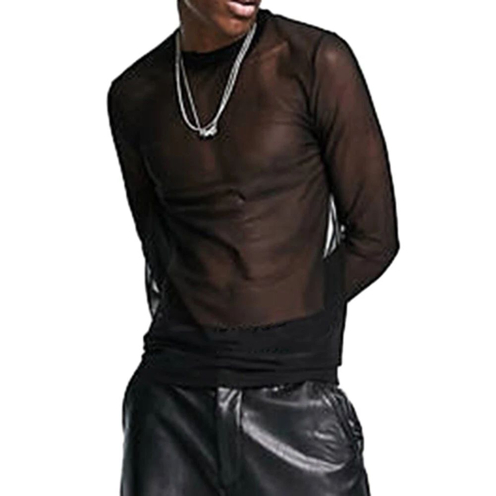 Stylish Mens See Through Long Sleeve Mesh T Shirts Muscles Sports Tops