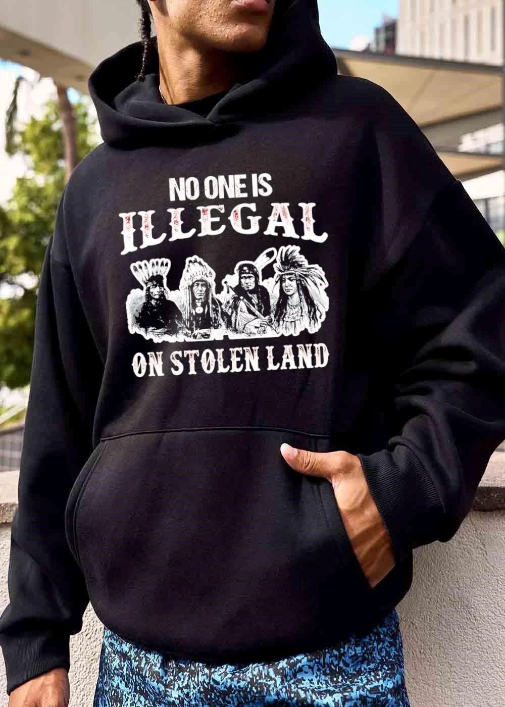 No One Is Illegal On Stolen Land Four Native American Chiefs Portrait Black White shirt