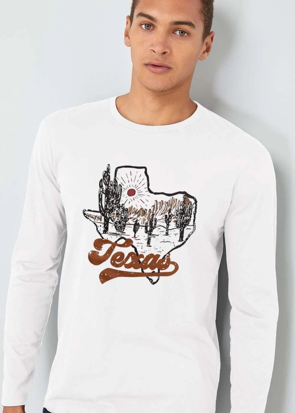 Texas State Silhouette Desert Scene Cacti Sun Rays Line Art shirt