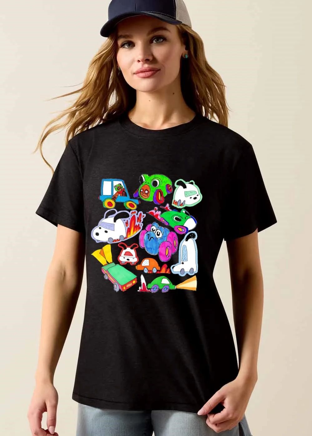 Cartoon Sketch Colorful Animal Toy Race Cars Rocket Exhaust Flames shirt