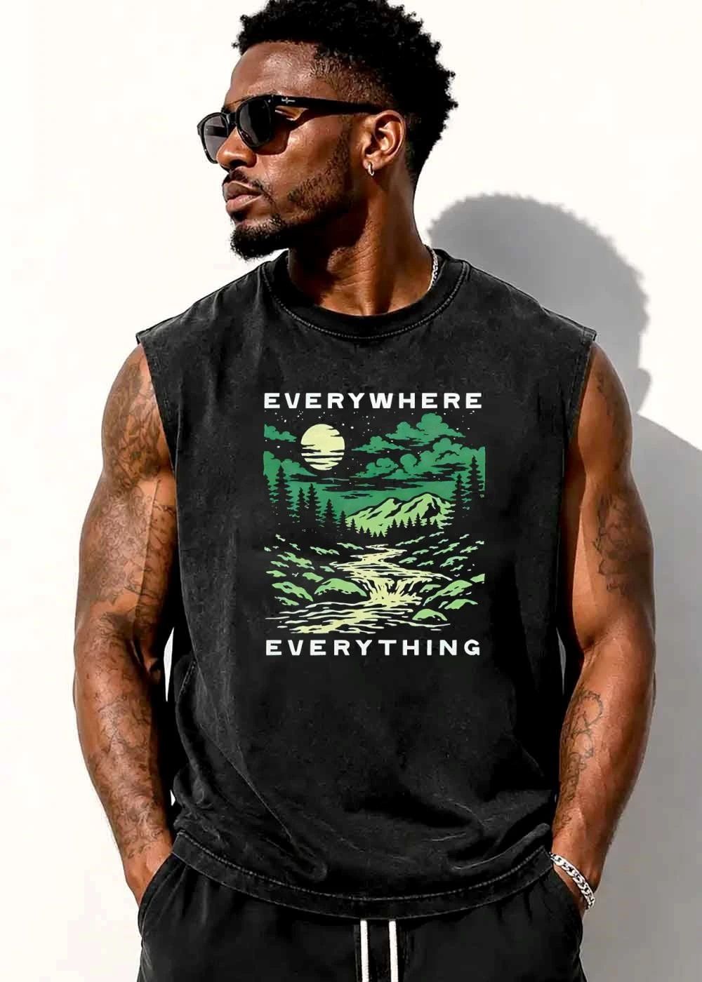Everywhere Everything Full Moon Mountain Forest River Woodcut shirt