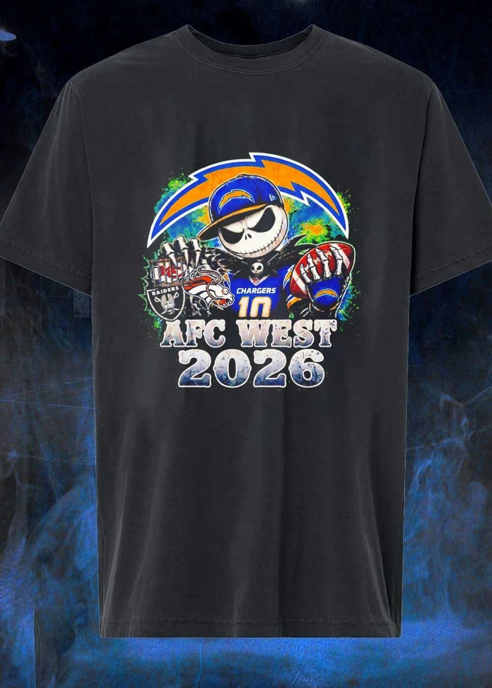 Jack Skellington Holding Football and Cage AFC WEST 2026 Chargers Shirt