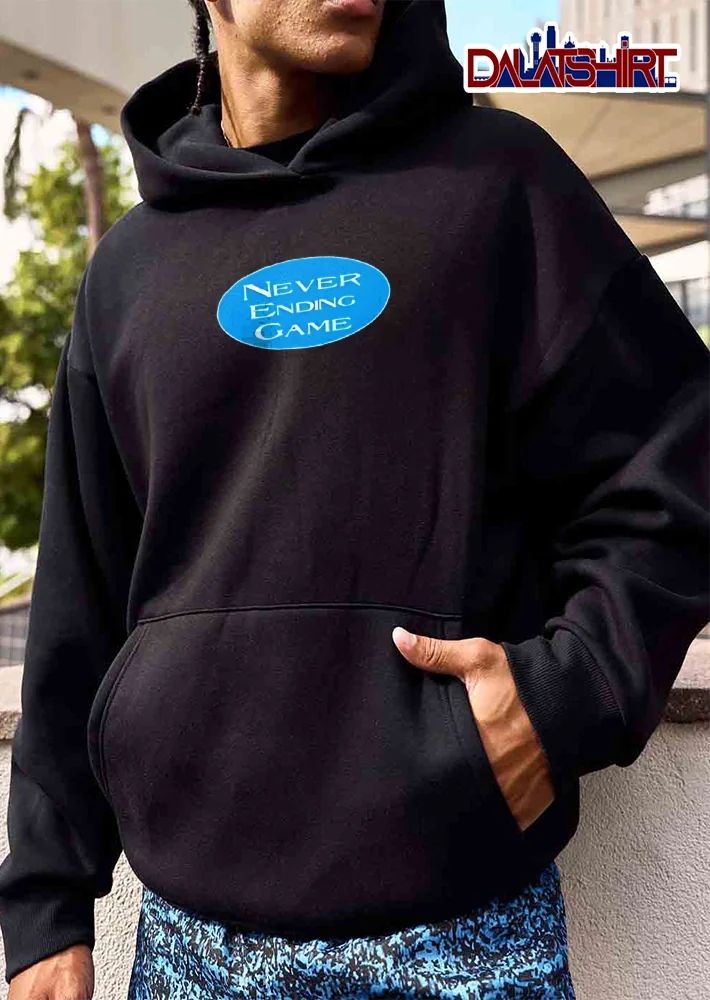 Never Ending Game White Text Blue Oval Black Background shirt