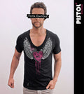 Pistol Boutique men's Fitted Black Deep V neck SKULL CROWN HEART WINGS T-shirt