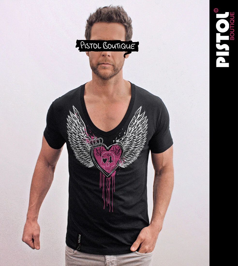 Pistol Boutique men's Fitted Black Deep V neck SKULL CROWN HEART WINGS T-shirt