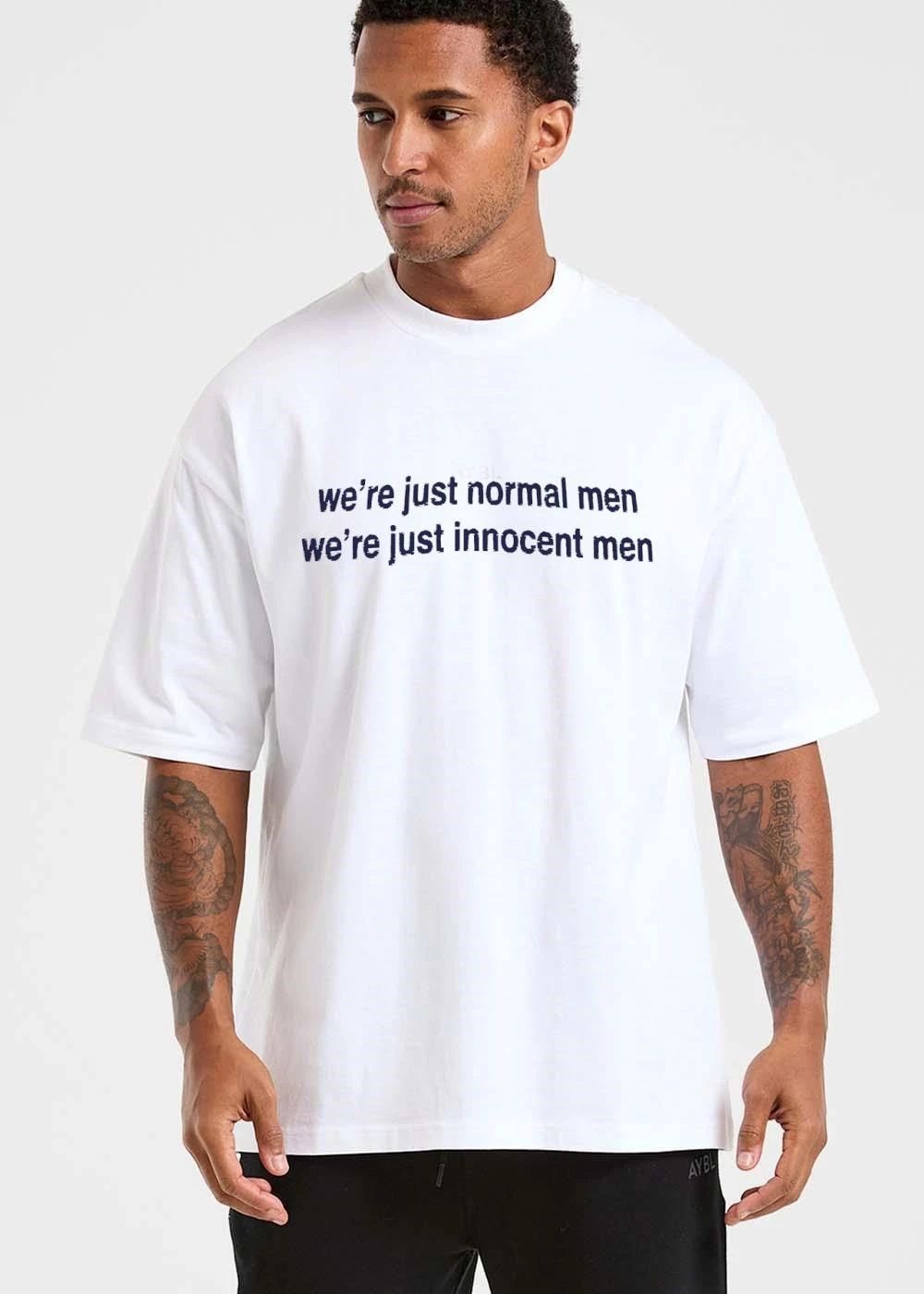 Were Just Normal Men Innocent Distressed Dark Blue Text Typography shirt
