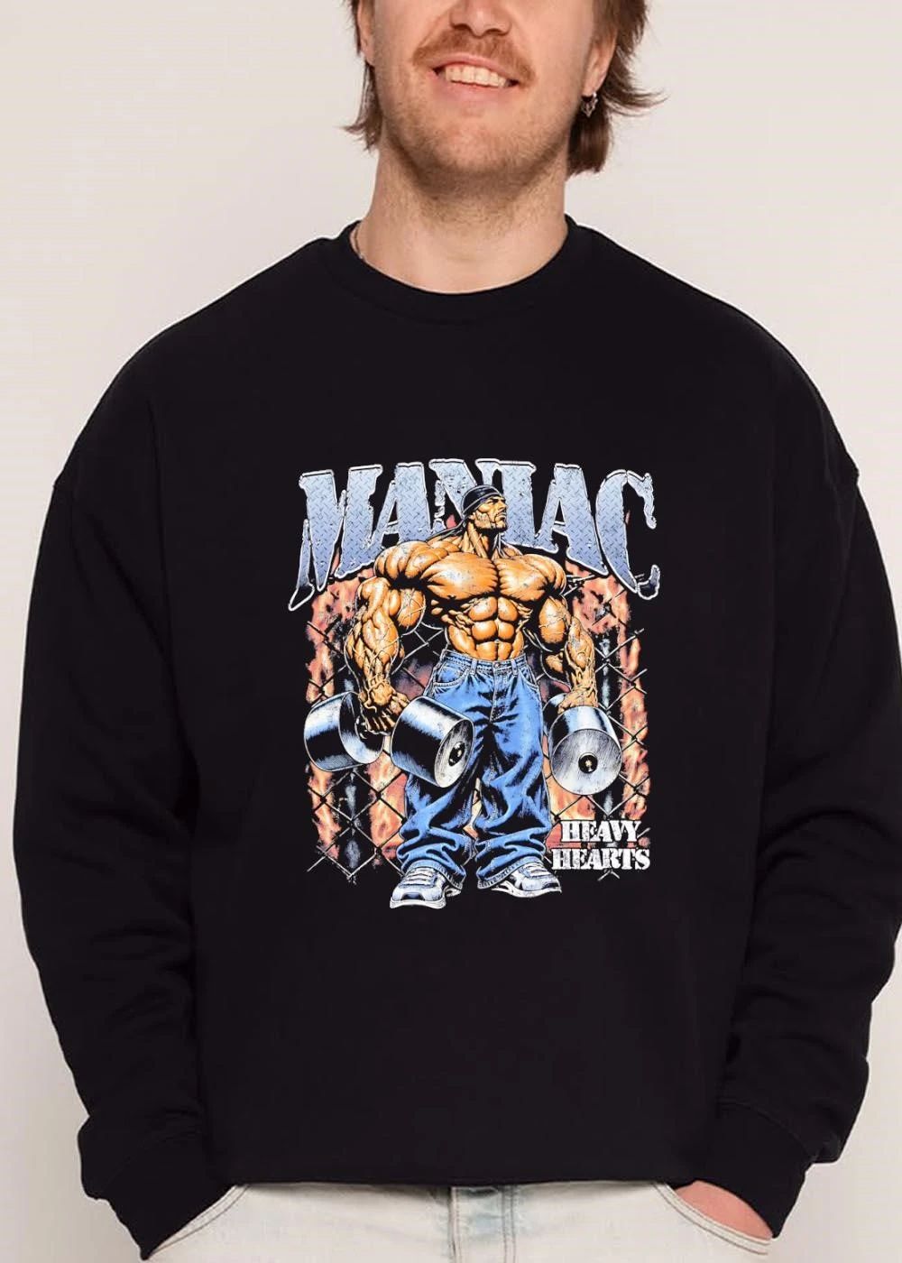 Maniac Heavy Hearts Muscular Bodybuilder Dumbbells Flames Chainlink Fence shirt