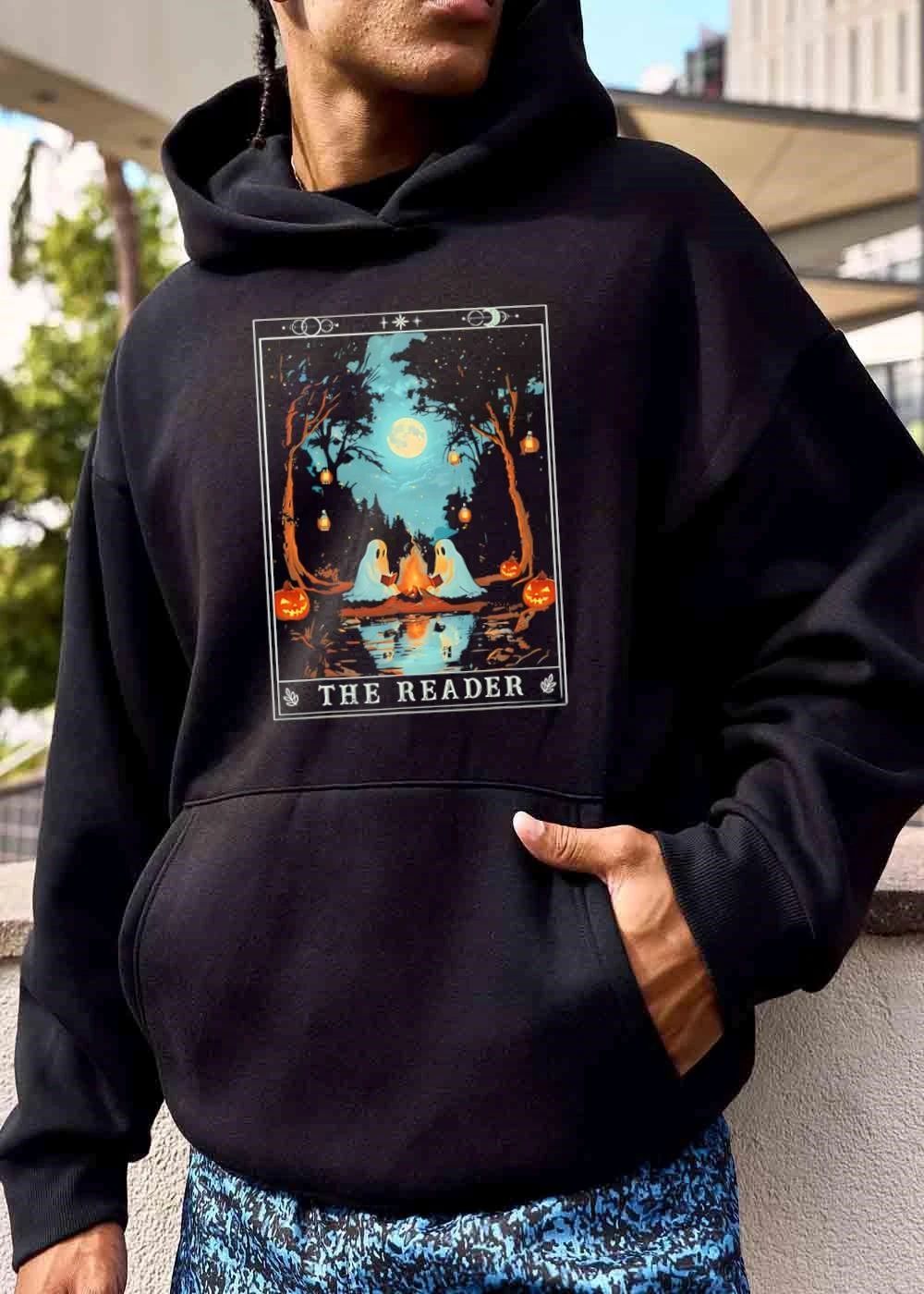 The Reader Tarot Card Cute Ghosts Reading Campfire Forest shirt