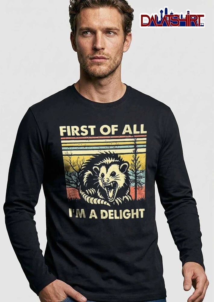 First Of All Im A Delight Snarling Opossum Retro Stripe Sunset Trees shirt