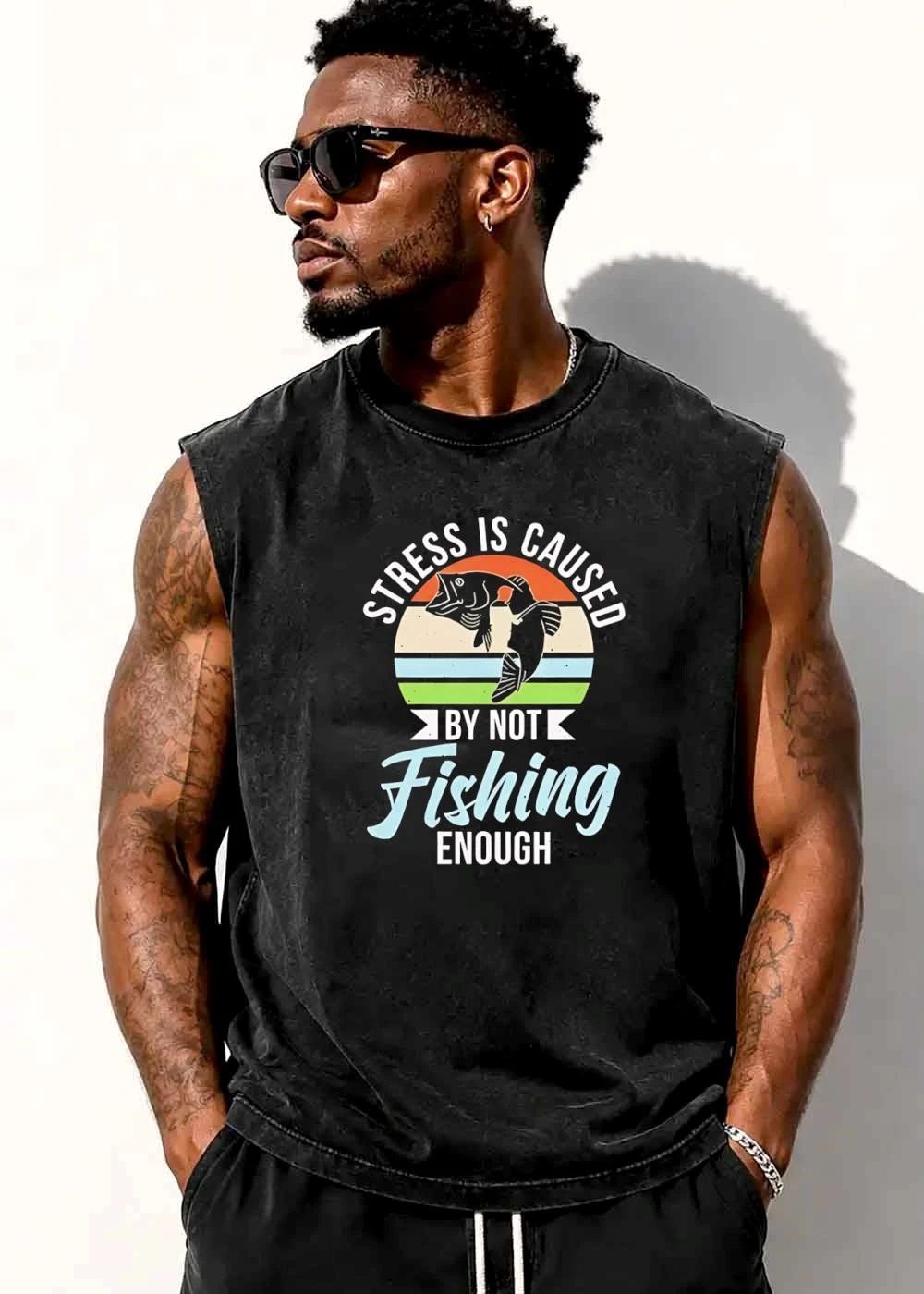 Stress Is Caused By Not Fishing Enough Retro Sunset Striped Circle Jumping Bass Silhouette shirt