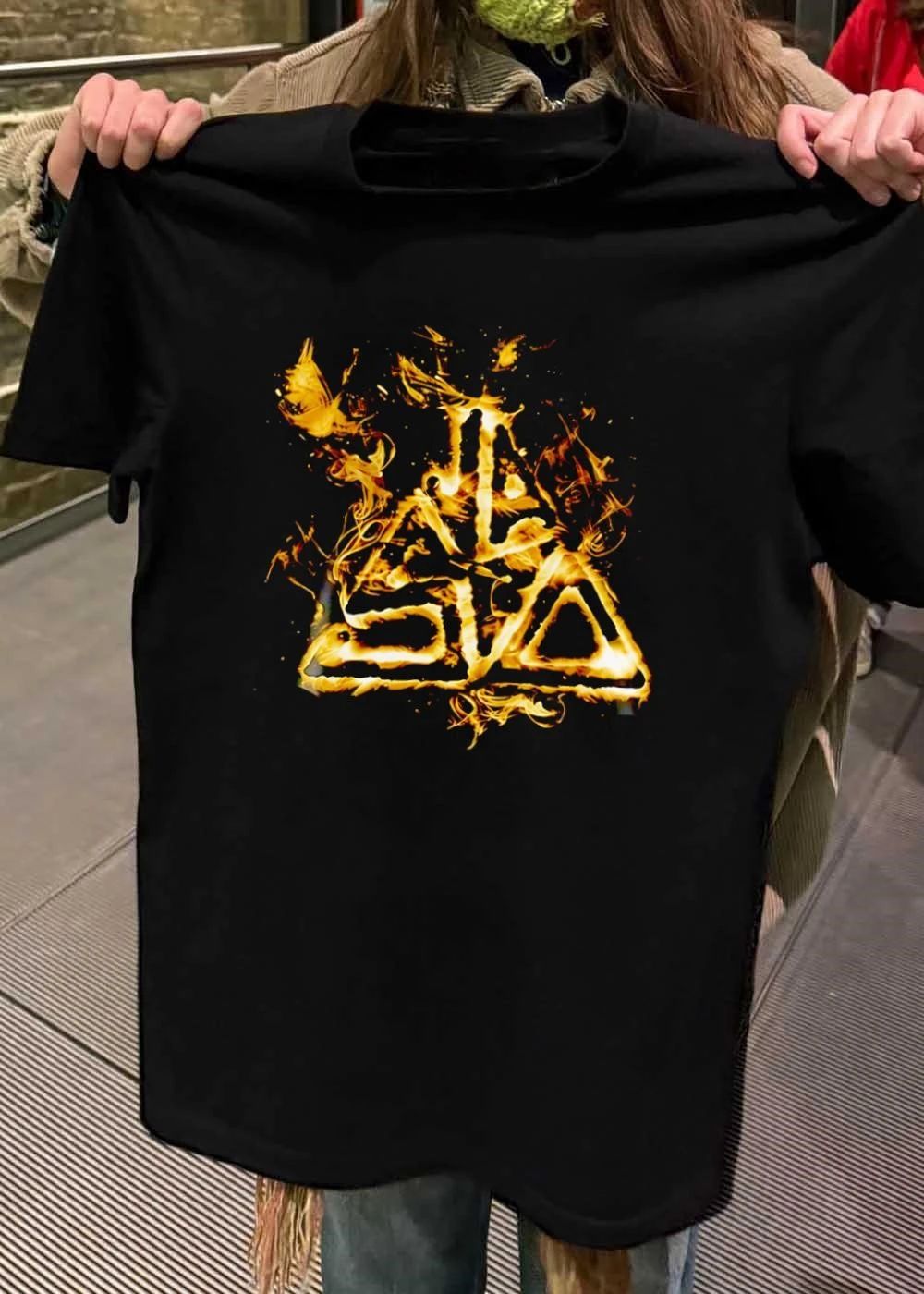Fiery Golden Flames Stylized Triangle Crest Flaming Abstract Emblem Black Background shirt